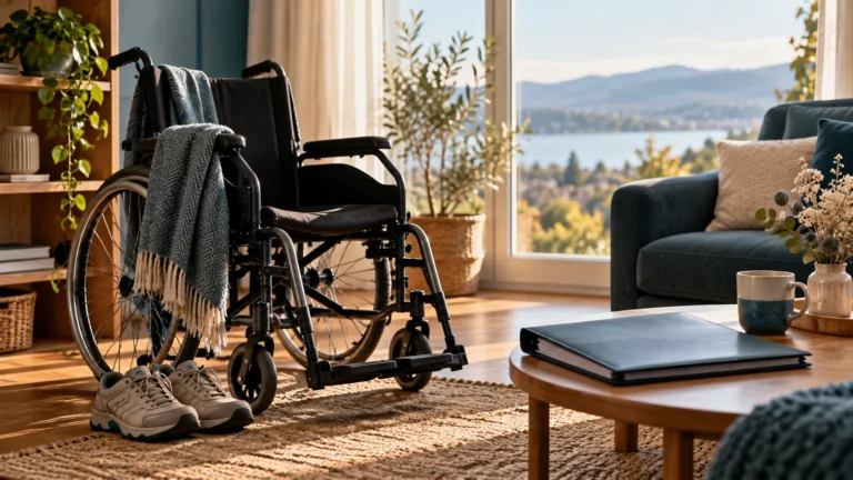 Fauteuil roulant près d’une fenêtre, chaussures et dossier médical, illustration du témoignage de Valérie